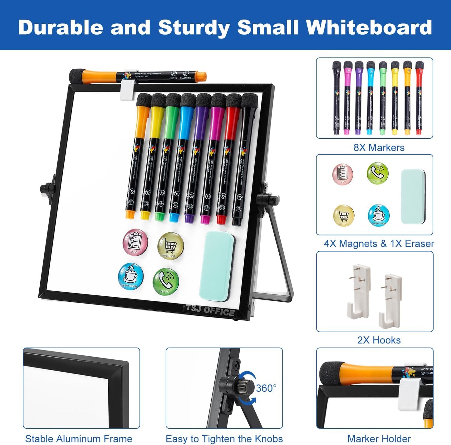 TSJ OFFICE Small White Board - 12 X 16 Inches Small Magnetic Dry Erase Board with Hooks for Wall, Desktop Whiteboard Stand 360 Degrees Revolving Double Sided for Office, Home, School, Silver