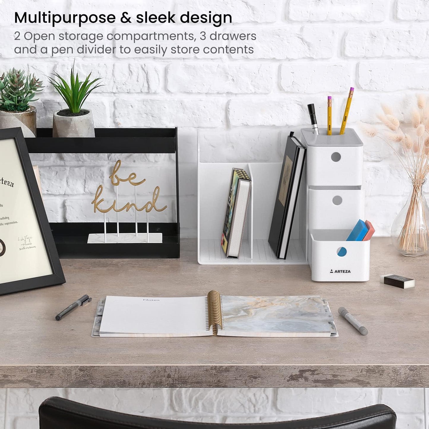 ARTEZA Desktop Pen and Marker Organizer, 6-Compartment White Pen Holder for Desk with Stationery Drawer, Makeup Organizer