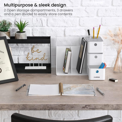 ARTEZA Desktop Pen and Marker Organizer, 6-Compartment White Pen Holder for Desk with Stationery Drawer, Makeup Organizer