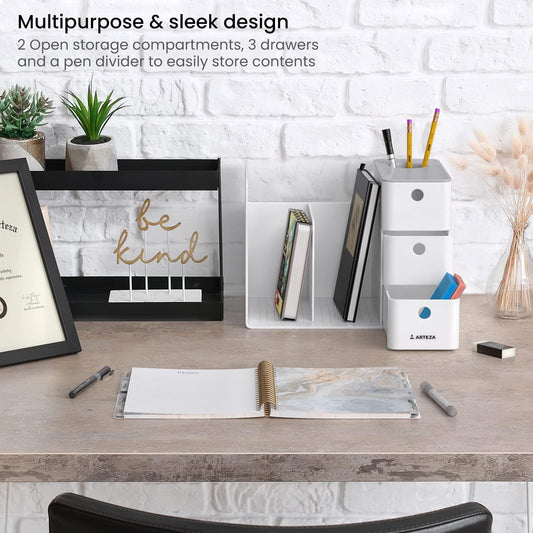 ARTEZA Desktop Pen and Marker Organizer, 6-Compartment White Pen Holder for Desk with Stationery Drawer, Makeup Organizer