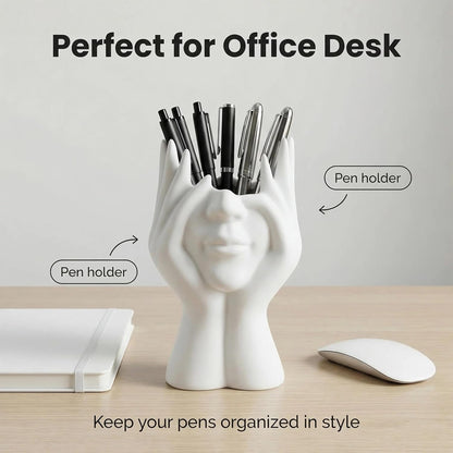 Pen Holder for Desk, Creative Face-Holding Art Sculpture Multi-Functional Organizer, Home Decor Figurine & Artificial Flower Vase Base, Desk Makeup Brush Holder, Unique Gift