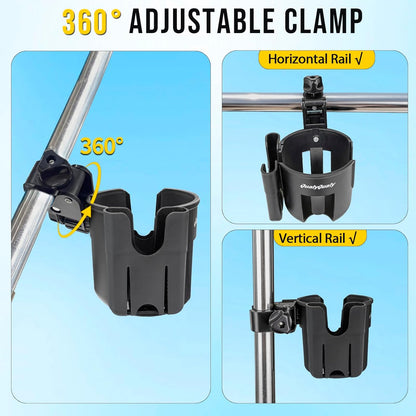 QualyQualy Boat Rail Cup Holder 2 Pack, No-Drill Clamp-On Marine Cup Holders 360° Adjustable for Pontoon Boat, Bimini Top, Grab Bar, PWC, Jet Ski, Fits Round & Square Rails 15-40mm, Boat Gifts for Men