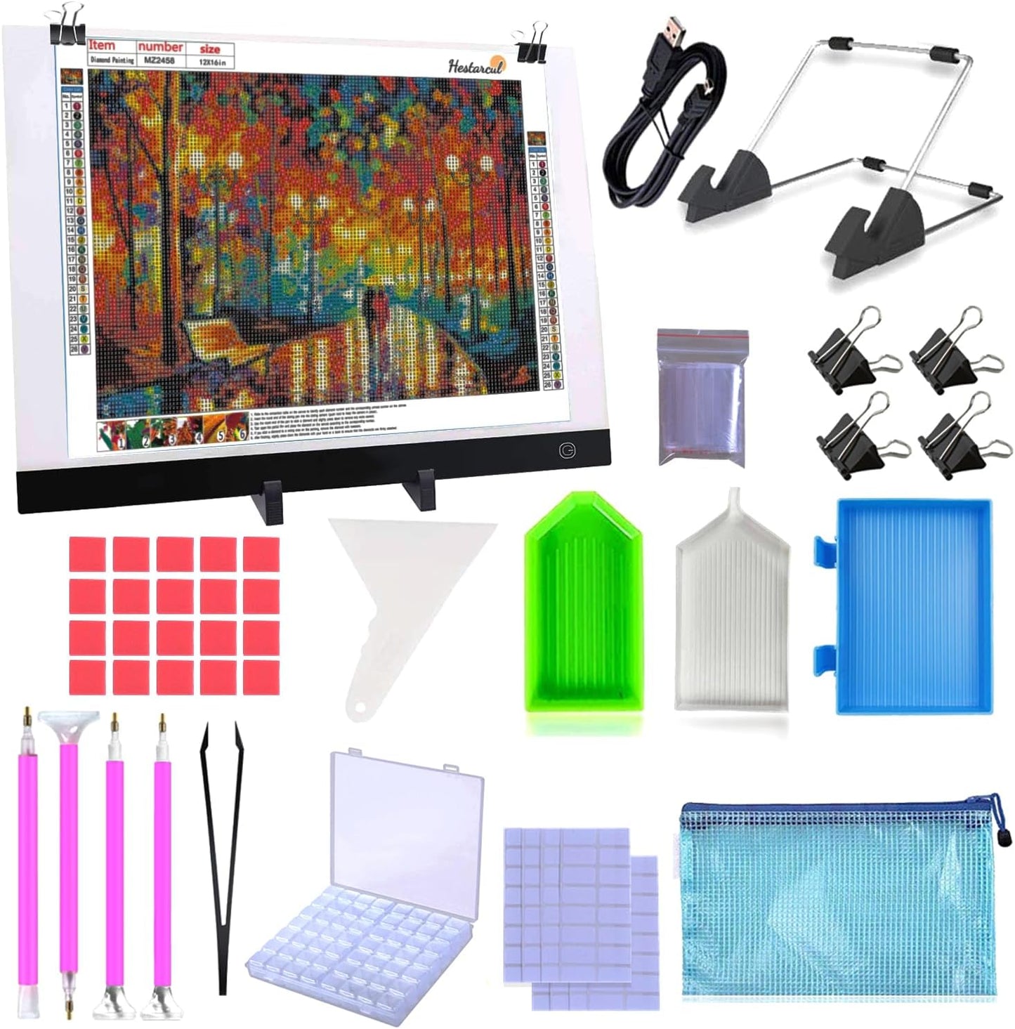 LIRUNQIU 59 Pcs Diamond Painting A4 LED Light Pad Kit, 5D Diamond Painting Accessories Tool Kit Full Drill for Adults and Kids, Supplies Includes Storage Case, Pens,Stand,Pad Board and More