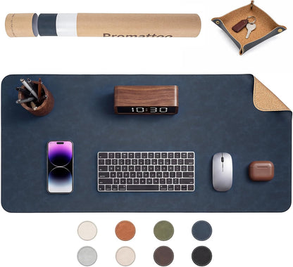 Premium Faux Leather Desk Mat & Tray Set，Innovative Cork-Look Printed Base，Gift Tube Packaging，Full-Desk Coverage，Non-Slip Desk Pad for Office Home（Olive Green）