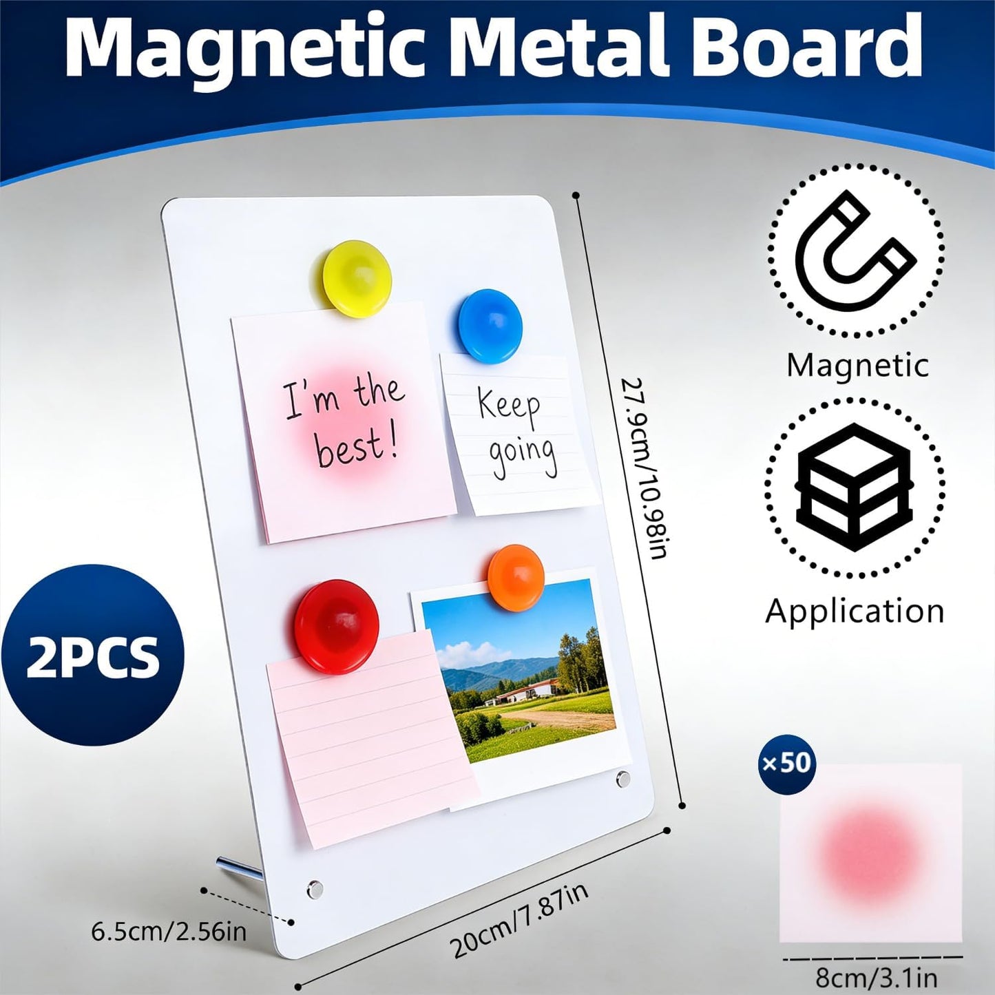 2 Pcs Magnetic Board, Black Magnet Message Board, 11"x7.8"Metal Magnetic Bulletin Board with 50pcs Memo Sheets and 8pcs Magnets, Magnet Display for Home, School, Kitchen, Office(Square,White)