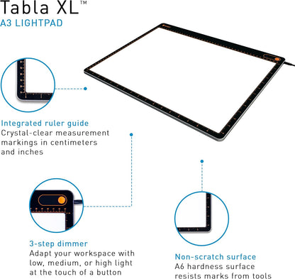 Daylight Tabla XL™ A3 LED Light Pad - 6,800 Lux Ultra Bright, 3-Step Dimmable, Edge-to-Edge Illumination, Non-Scratch Surface, Aluminum Frame, Tracing Pad for Artists, Quilting, Vinyl Weeding