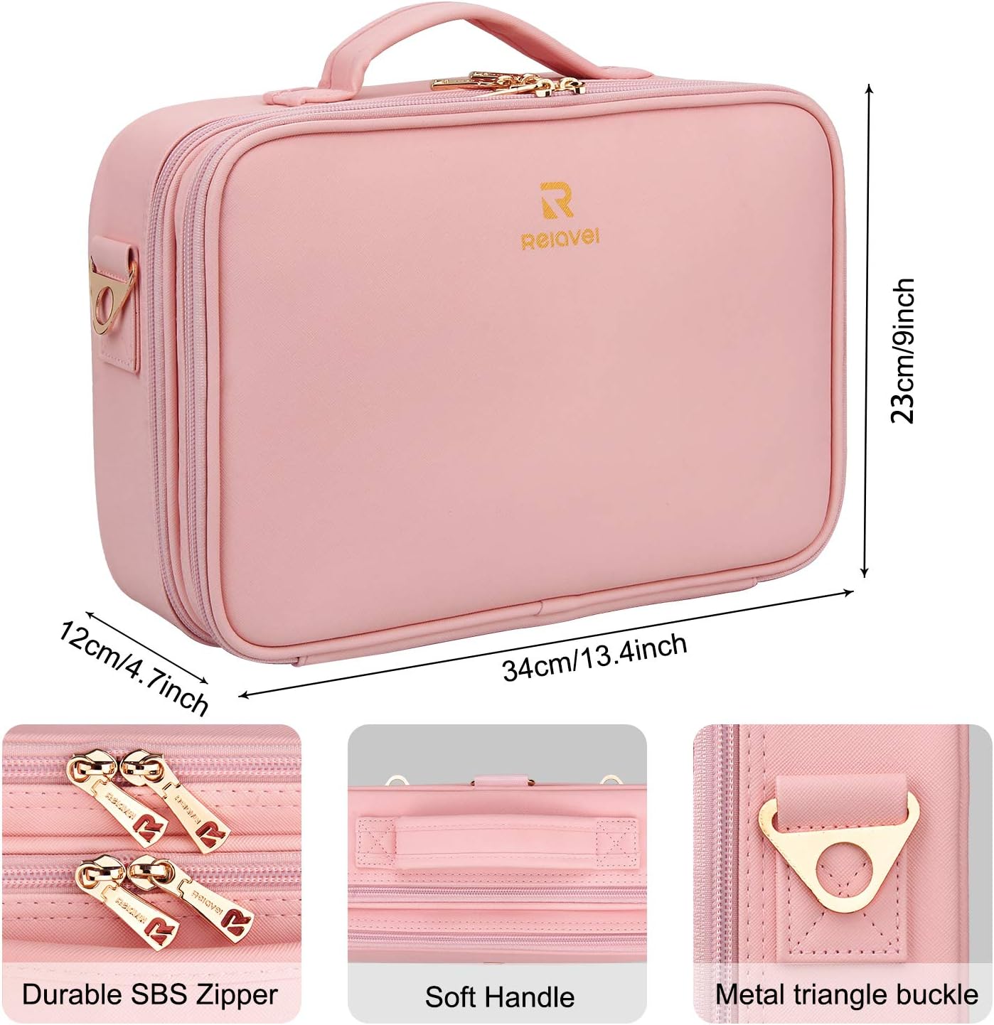 Relavel Makeup Case Large Makeup Bag Professional Train Case 16.5 inches Travel Cosmetic Organizer Brush Holder Waterproof Makeup Artist Storage Box, 3 Layer Large Capacity, with Adjustable Strap