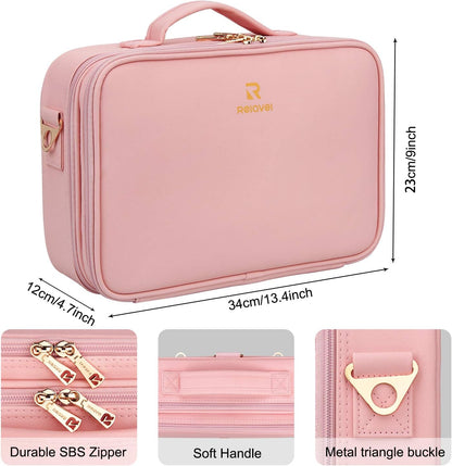 Relavel Makeup Case Large Makeup Bag Professional Train Case 16.5 inches Travel Cosmetic Organizer Brush Holder Waterproof Makeup Artist Storage Box, 3 Layer Large Capacity, with Adjustable Strap