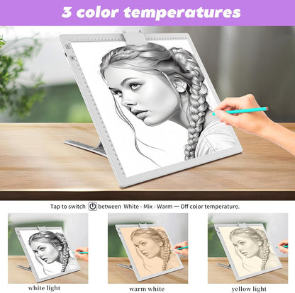 YINGWOND Rechargeable A4 LED Light Pad with Padded Case, Tracing Light Box w/Riser Stands and Paper Clip, 6 Levels of Brightness, Type-c Cable, Wireless Diamond Painting Light Board