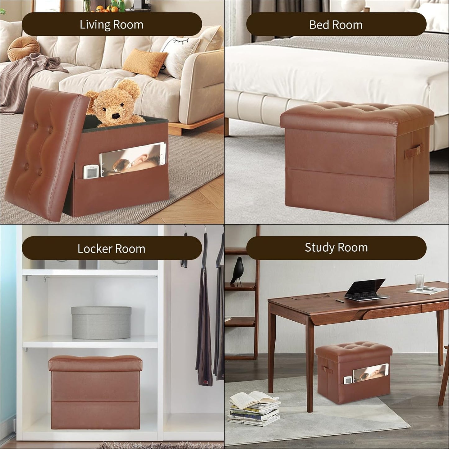 BelugaHelper Storage Ottoman Foot Rest Stool, Foldable Leather Footstool Storage Bench with Thicker Foam Padded Seat. Foot Rest Under Desk for Living Room Bedroom 350 lbs, 17x13x13 in, Brown