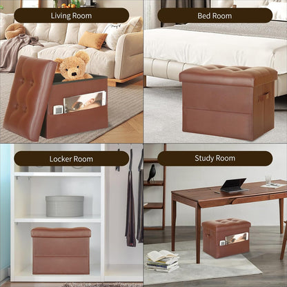 BelugaHelper Storage Ottoman Foot Rest Stool, Foldable Leather Footstool Storage Bench with Thicker Foam Padded Seat. Foot Rest Under Desk for Living Room Bedroom 350 lbs, 17x13x13 in, Brown