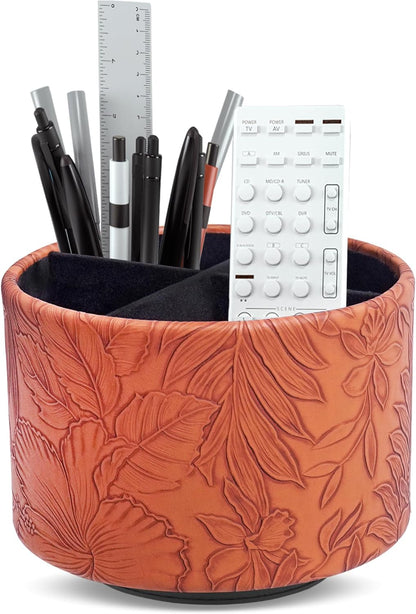 Round Leather Art Supply Organizer,Remote Control Holder,360 Degree Rotating,Multi-Functional Pencil Holder,4 Compartments Desktop Stationary Organizer(1-Fractal Flower) | Round - Colors C