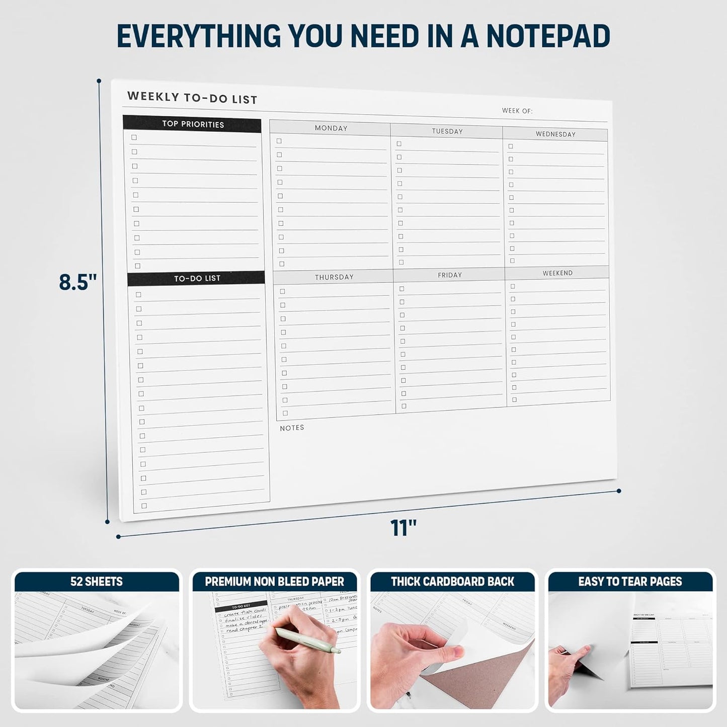 To Do List Notepad: With Multiple Functional Sections - Large Size 8.5x11" 52 Sheets - Tear Off Daily Planner Notebook - Task CheckList Organizer Agenda Pad for Work - Note, Plans, Goals, Grocery, and