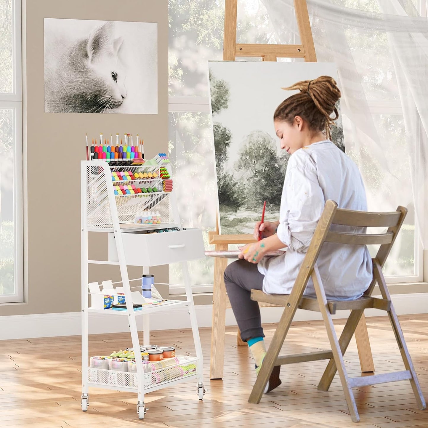 Homsorout 3 Tier Rolling Cart - Metal Utility Cart with Storage Drawer and Wheels, Versatile Art & Craft Organizer for Home, Office, or Studio - Ideal for Storing Brushes, Paints, and Supplies