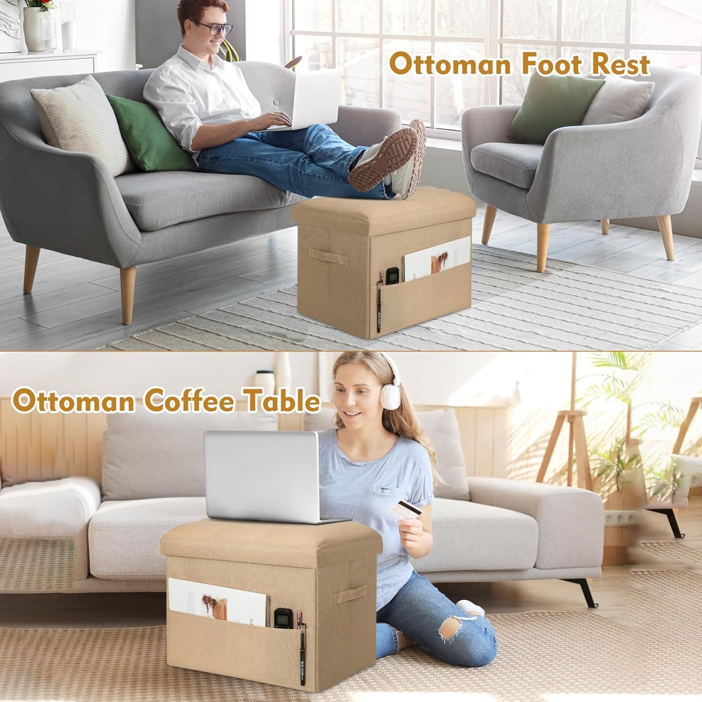 Storage Ottoman with Extra Thick Foam Padded Seat, Foldable Foot Rest Stool with Linen Fabric, 43L Ottoman with Storage Bench for Bedroom Living Room, Holds Up to 300lbs, 17x13x13in, Dark Gray