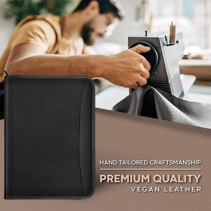 Zippered Portfolio Organizer/ A4 Refillable Lined Writing Notepad Folder Case/Fabric-Covered Padfolio Binder with Interior Storage Pocket for Men Women.Classic Black