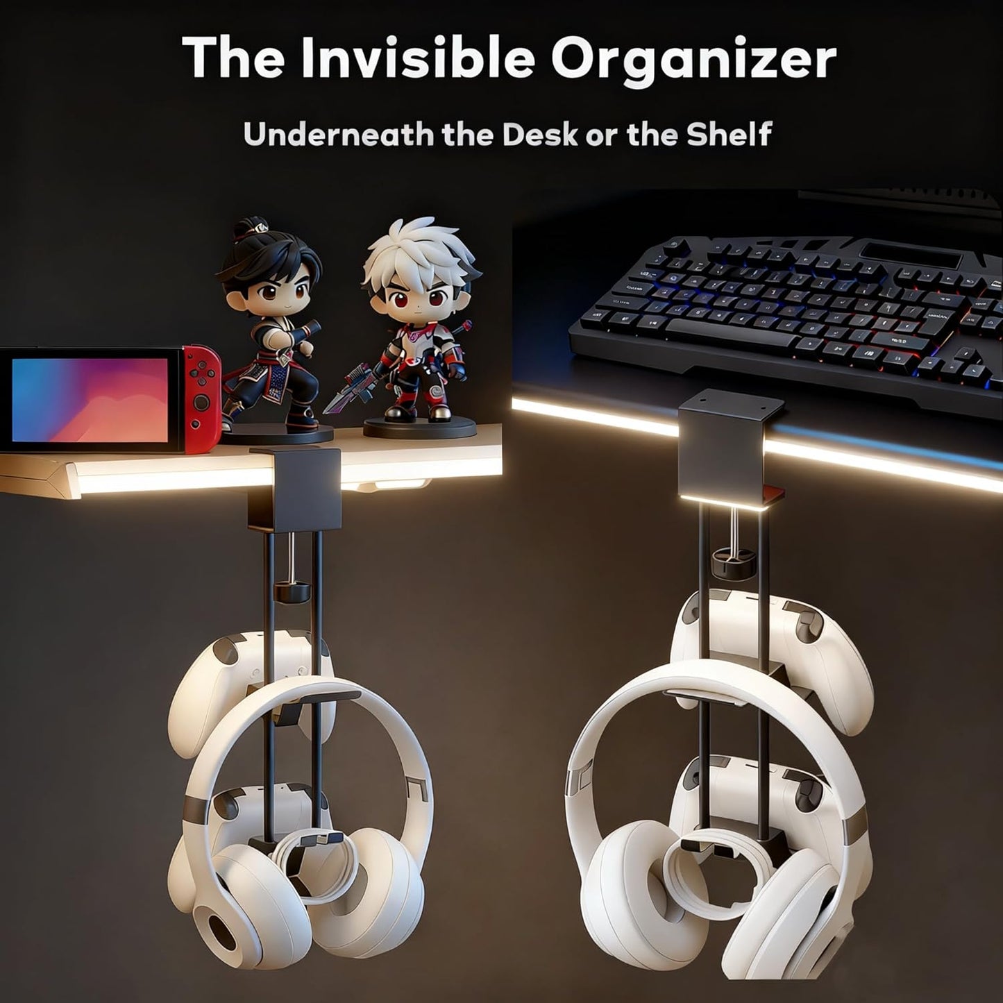 Headphone Stand with Controller Holder, Aluminum Under Desk Clamp Headset and Controller Stand - 2 in 1 Headphone Hanger for Desktop PC Gaming Accessories Organizer with PS5 Xbox Series S
