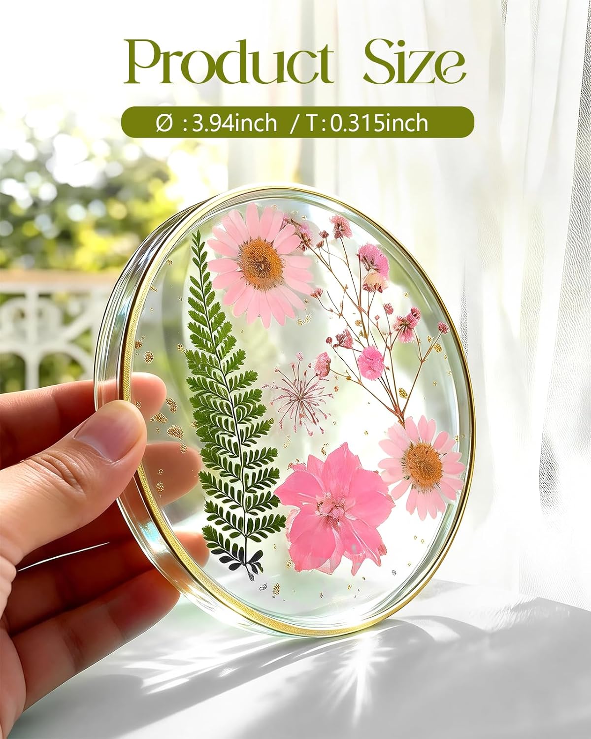 Oqplog Resin Drink Coaster for Desk Coffee Table-White Cute Dried Flowers Cup Coaster for Work Office Home Outdoor Decor Gifts for Girls Women,1 Pcs