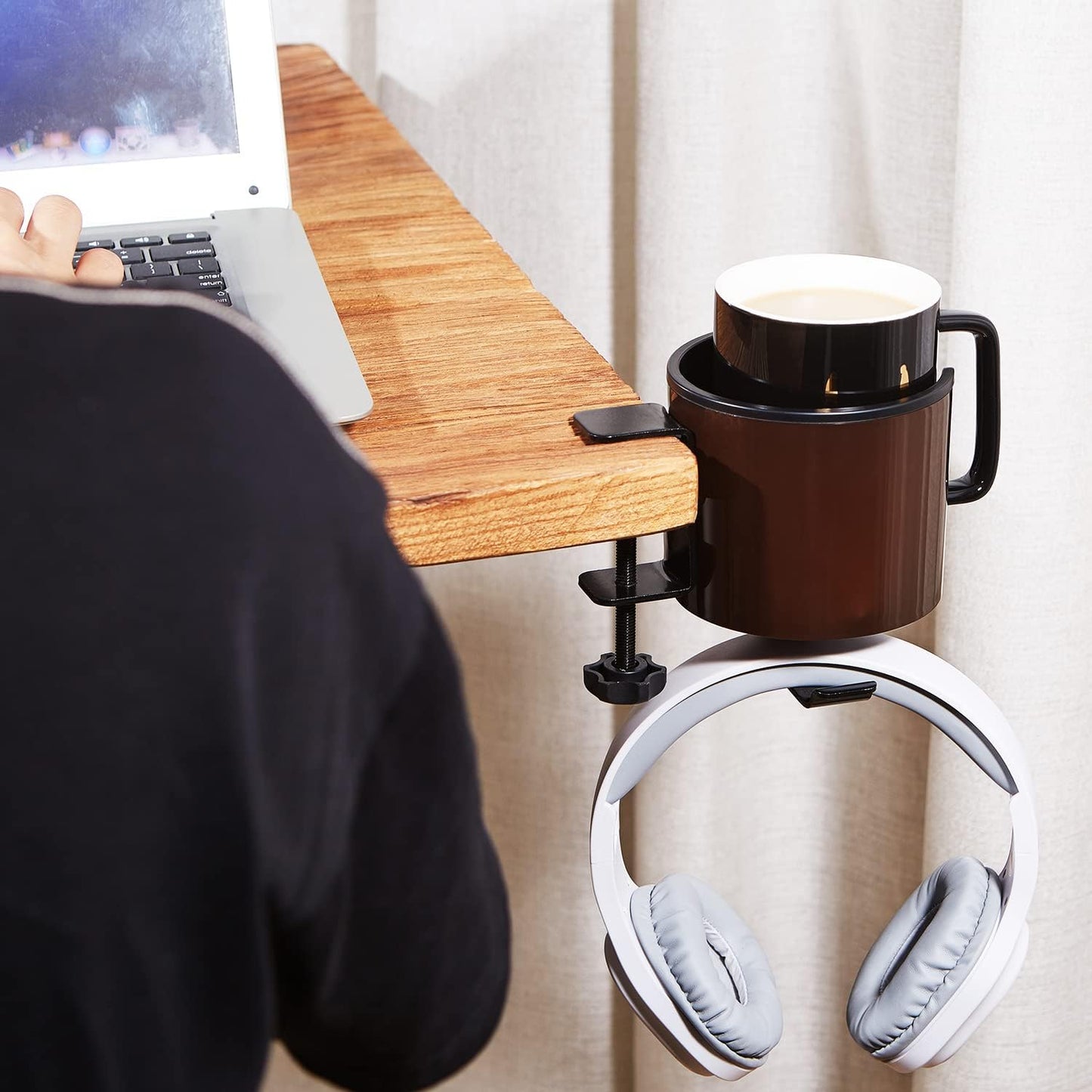 GUNKING Luxury 2-in-1 Anti-Spill Cup Holder with Under Desk Headphone Hanger (White)