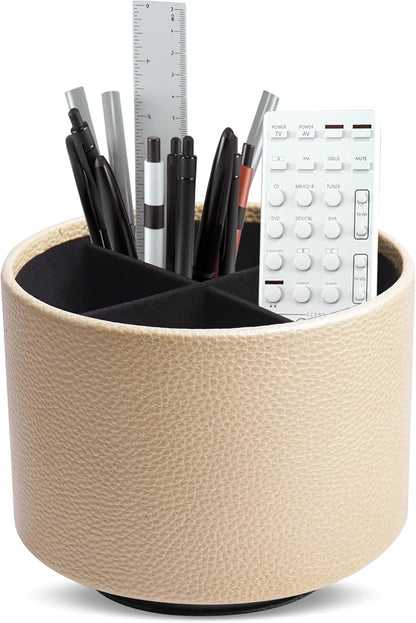 Round Leather Art Supply Organizer,Remote Control Holder,360 Degree Rotating,Multi-Functional Pencil Holder,4 Compartments Desktop Stationary Organizer(1-Fractal Flower) | Round - Colors A