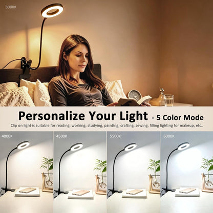 Akynite Desk Lamp Clip on Light, 48 LED USB Clamp Lamp with 5 Color Modes 10 Brightness Levels, 360° Flexible Gooseneck Eye Protection Reading Book Lights for Home Office Study, Adapter Included