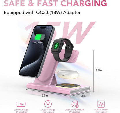 3 in 1 Foldable Charging Station for Apple Products,Wireless Charger for iPhone 17 16 15 14 13 12 Pro Max,Travel Dock Adapter&Light for iWatch Series 11 10 9 Ultra 3/2 SE 3/2,for AirPods 4 3 2 Pro 3/2