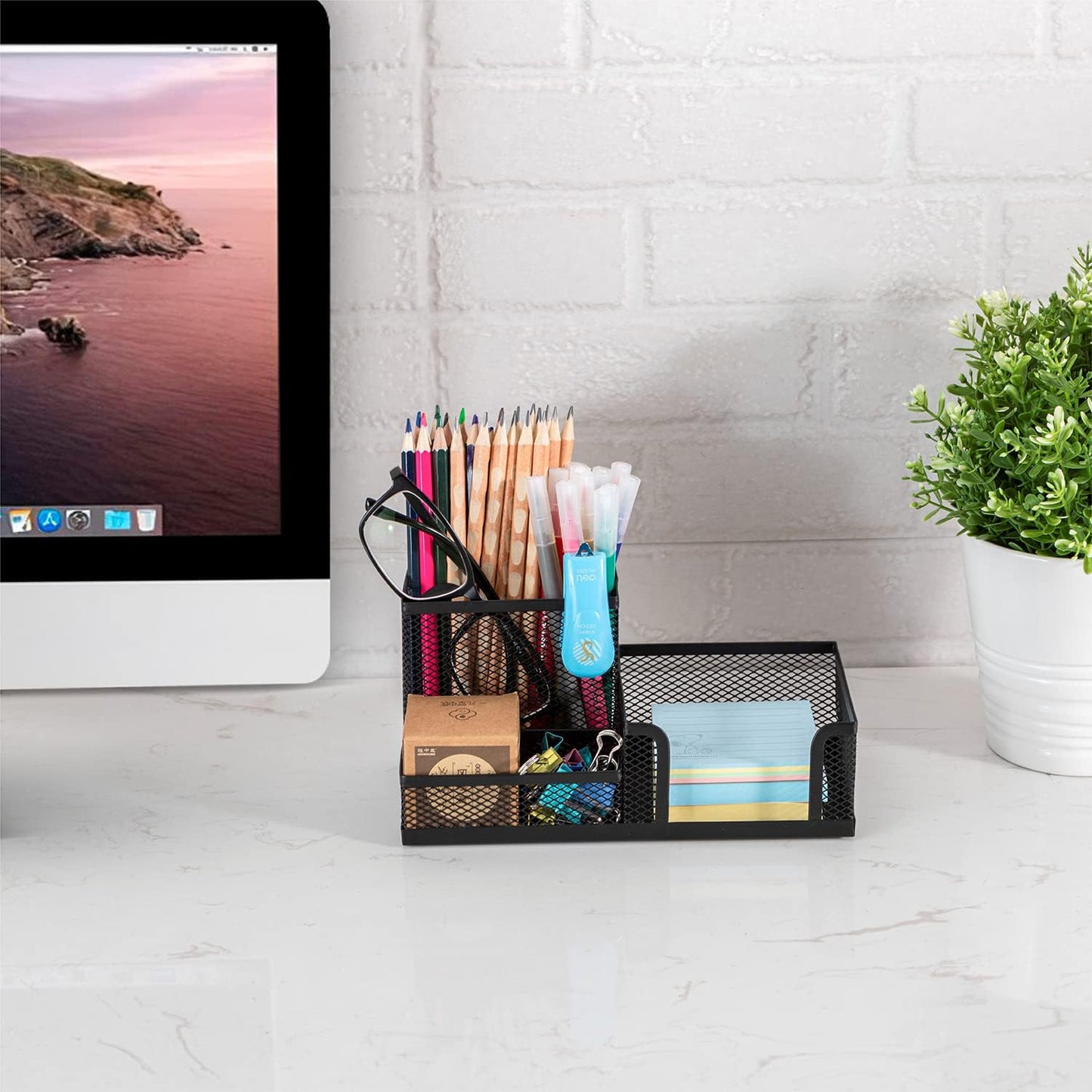 Black Mesh Pen Holder - Multipurpose Mesh Desk Organizers Large Capacity Office Supplies with Sticky Notes Holder and 3 Compartments 4 Non-slip Mats Easy Storage Suitable for School, Home