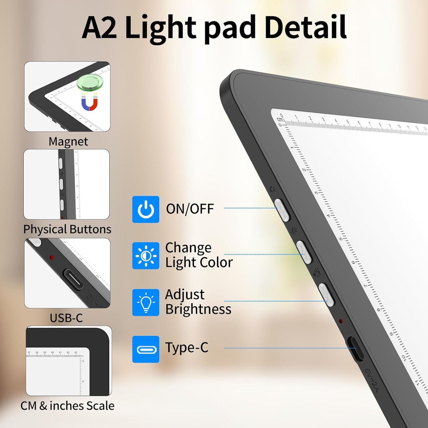 TOHETO A4 Light Board for Diamond Painting, Super Bright Magnetic Light Pad with Side Buttons, Lightbox for Tracing and Drawing, Corded Light Table for Sketching, Animation, Weeding Vinyl (Black)