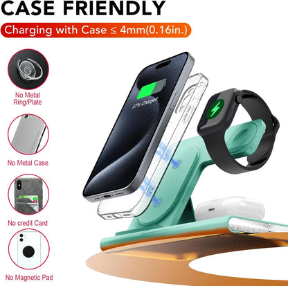 3 in 1 Foldable Charging Station for Apple Products,Wireless Charger for iPhone 17 16 15 14 13 12 Pro Max,Travel Dock Adapter&Light for iWatch Series 11 10 9 Ultra 3/2 SE 3/2,for AirPods 4 3 2 Pro 3/2