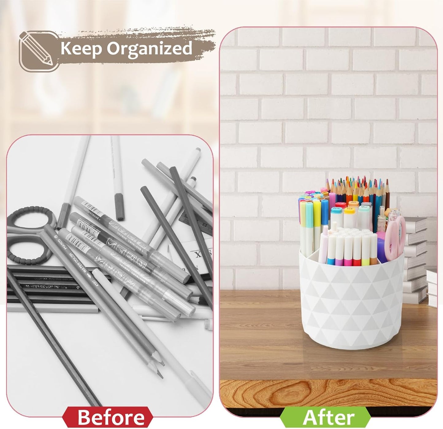 Desk Organizer, 360-Degree Rotating Pencil Pen Holders For Desk, Diamond Pattern Pen Organizer With 5 Compartments, Cute Desk Accessories Decor For Office, School,Home,Art Supply (White)