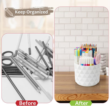 Desk Organizer, 360-Degree Rotating Pencil Pen Holders For Desk, Diamond Pattern Pen Organizer With 5 Compartments, Cute Desk Accessories Decor For Office, School,Home,Art Supply (White)