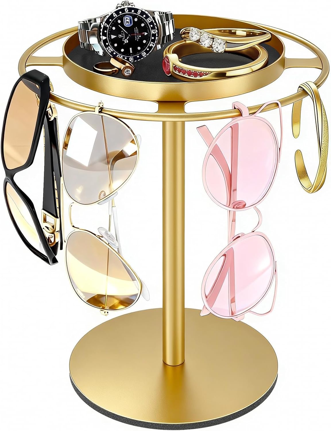 LSK Metal Sunglasses Organizer, Glasses Holder Stand with Storage Tray, Eyeglasses Holder with Anti-Slip Pads for Tabletop, Desk, Dresser, Matte Black