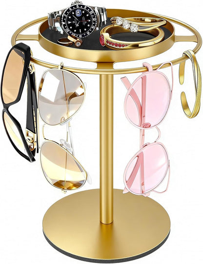 LSK Metal Sunglasses Organizer, Glasses Holder Stand with Storage Tray, Eyeglasses Holder with Anti-Slip Pads for Tabletop, Desk, Dresser, Matte Black