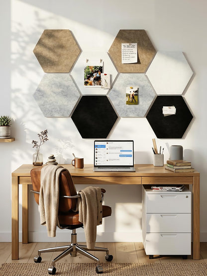 8 Pack Hexagon Felt Bulletin Board Tiles - 12" Large Thick Pin Board for Walls with 30 Push Pins, DIY Boards for Office Home School Decor, Aesthetic Hex Cork Board Alternative
