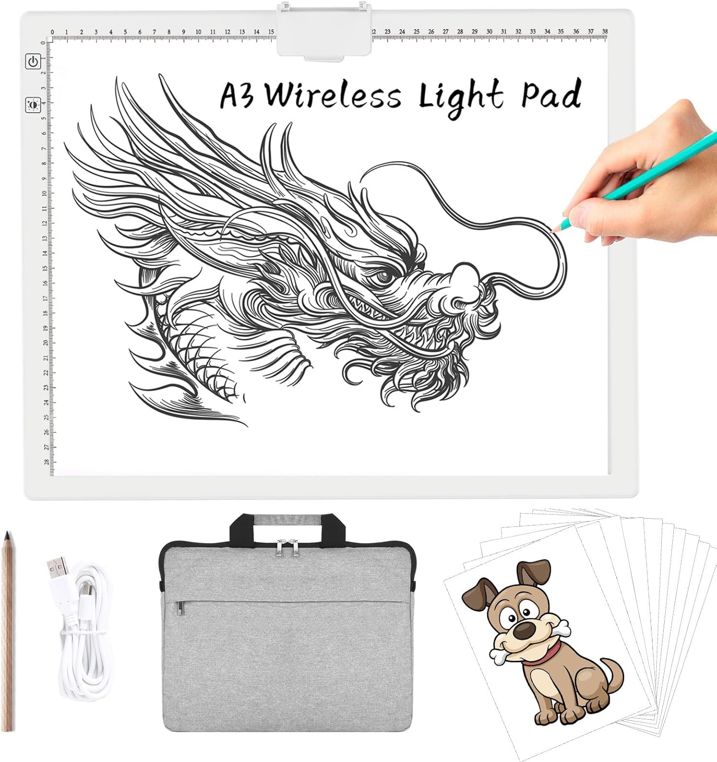 A4 Wireless LED Light Pad with Carry Bag, Innovative Stand and Top Clip, TOHETO Rechargeable Light Box Stepless Dimmable and 6 Levels Brightness Cordless Light Board for Tracing Weeding Vinyl (Black)