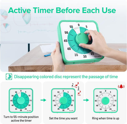 Secura Home 60-Minute Visual Timer, 7.5 Inch Oversize Countdown Timer Clock for Kids and Adults, Durable Mechanical Time Management Tool with Magnetic Backing （Dark Green）