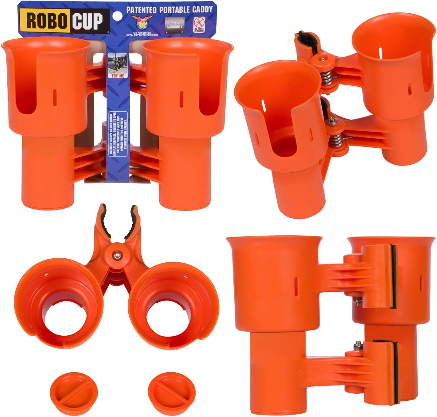 ROBOCUP, (White), Patented Clamp On Boat Cup Holder |Multifunction Dual Drink Caddy for Fishing Poles, Tools, Net, Gaff |Portable Storage for Boating, Beach, Umbrellas, Golf Carts, Strollers