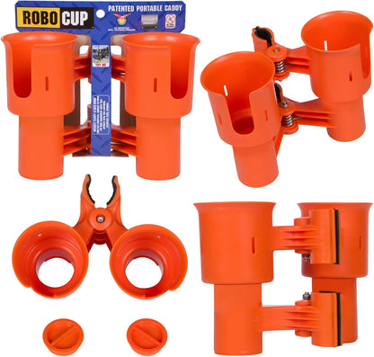 ROBOCUP, (White), Patented Clamp On Boat Cup Holder |Multifunction Dual Drink Caddy for Fishing Poles, Tools, Net, Gaff |Portable Storage for Boating, Beach, Umbrellas, Golf Carts, Strollers