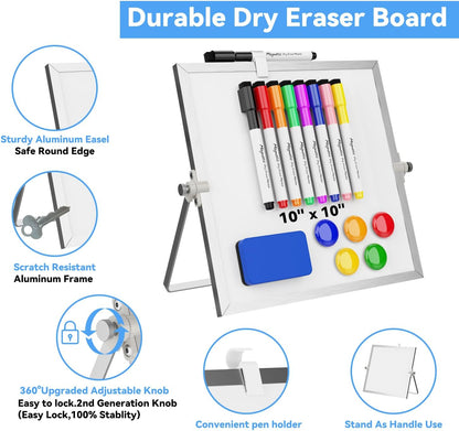 Dry Erase White Board, Cazeyoo Magnetic Desktop Whiteboard 16 x 12inch with Stand, 10 Markers, 4 Magnets and 1 Eraser, Portable Double-Sided White Board for Kids Drawing, Office, Home, School
