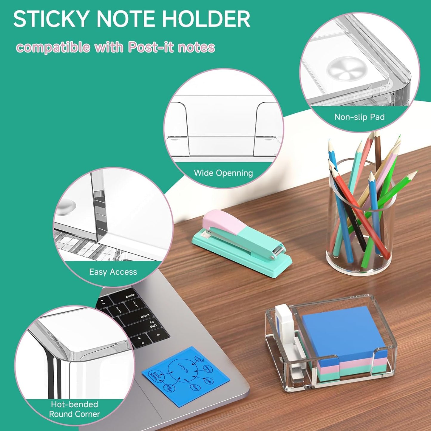 Sticky Note Holder, Glitter Pink Acrylic Notepad Holder 3x3 in Self-Stick Note Dispenser Office Desk Accessories, Memo Pad Holder Organizer for Classroom School Supplies