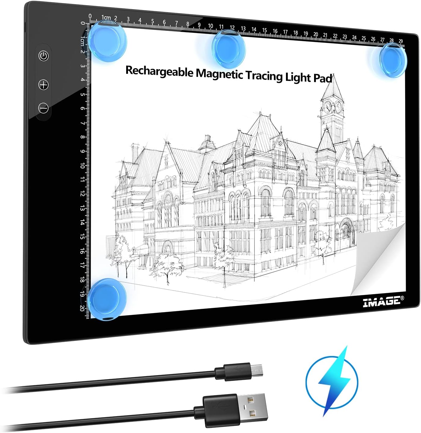 Rechargeable Magnetic A4 LED Light pad, IMAGE Tracing Pad, Ultra-Thin USB Powered with Memory Function Light Box, Great for Diamond Painting, Animation, Tattoo, Sketching and Design (6000K Black)