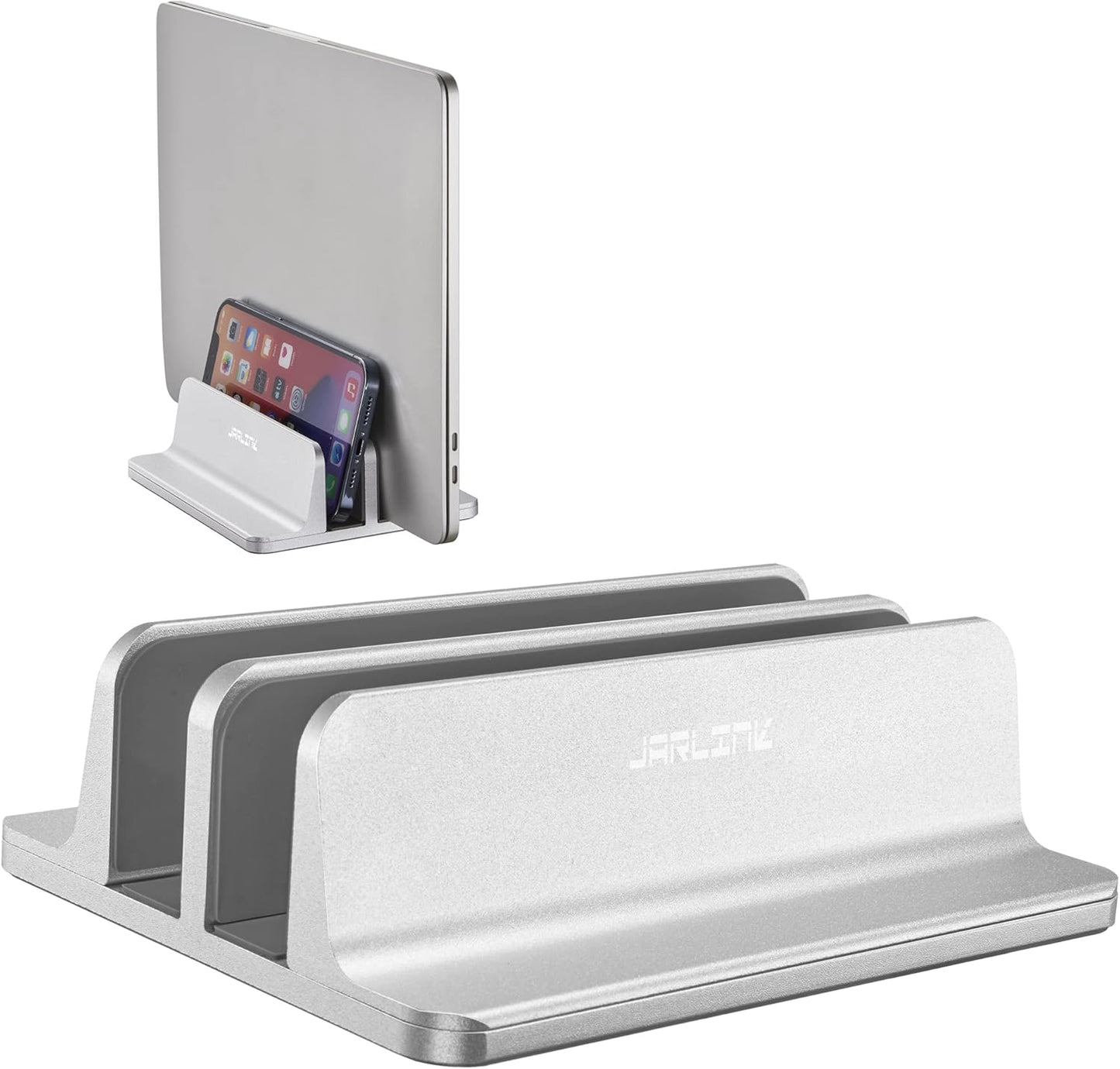 JARLINK Vertical Laptop Stand Holder, Aluminum Double Desktop Stand Holder with Adjustable Dock (Up to 17.3 inch), Compatible with MacBook, Surface, Chromebook, and Gaming Laptops, Silver