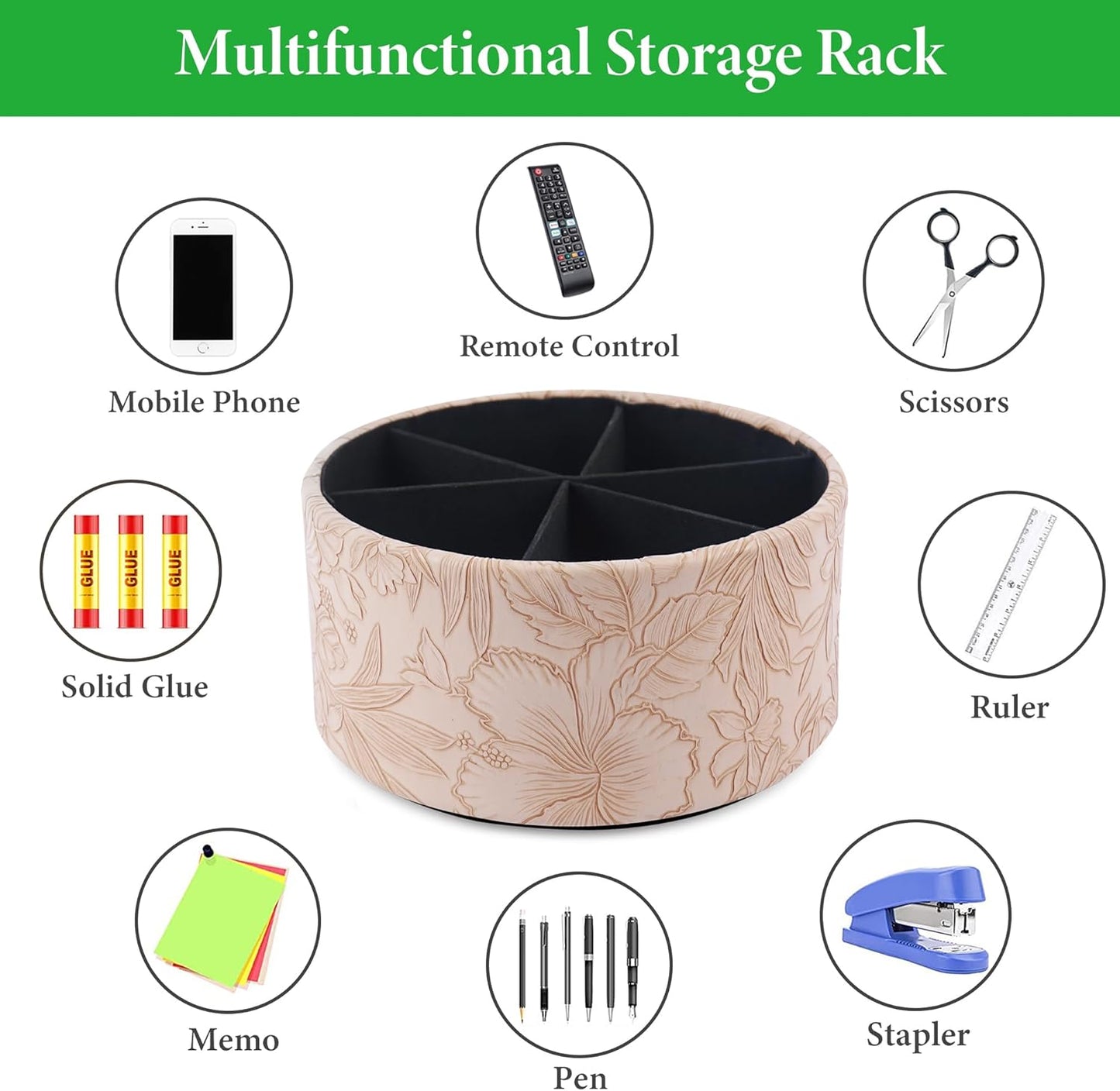 Round Leather Art Supply Organizer,Remote Control Holder,360 Degree Rotating,Multi-Functional Pencil Holder,4 Compartments Desktop Stationary Organizer(1-Fractal Flower) | Round - Colors A