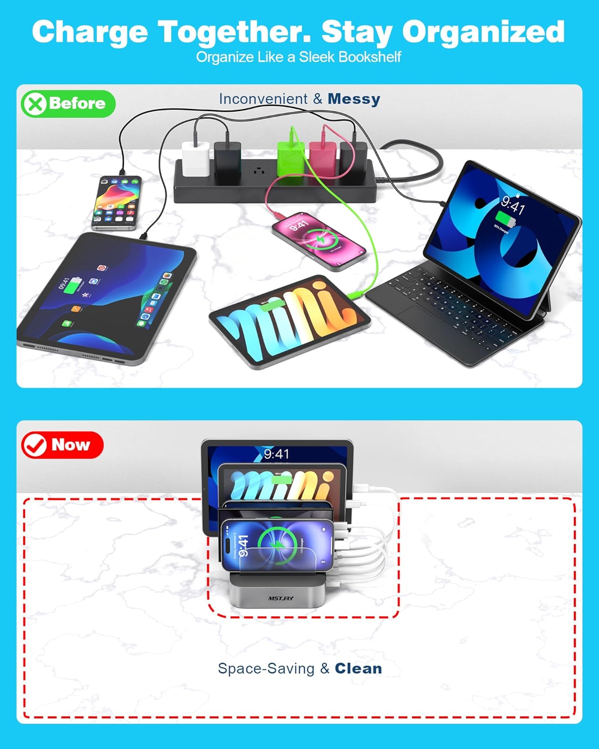 MSTJRY Charging Station for Multiple Devices : 5 Port Multi USB-A Charger Stations Multi-Device Organizer Charging Dock Designed for iPhone iPad Cell Phone Tablets (7 Short Cables Included)