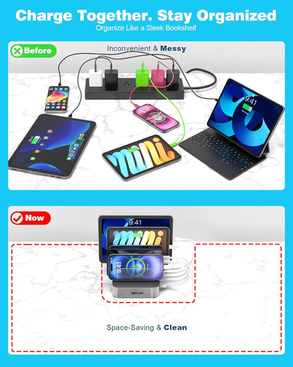 MSTJRY Charging Station for Multiple Devices : 5 Port Multi USB-A Charger Stations Multi-Device Organizer Charging Dock Designed for iPhone iPad Cell Phone Tablets (7 Short Cables Included)