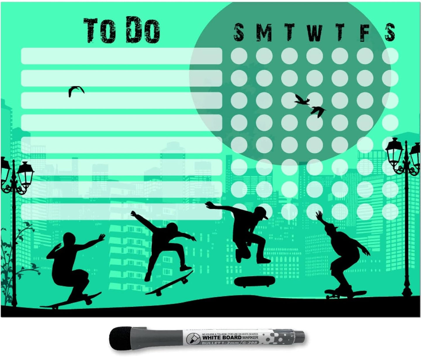 Dry Erase Whiteboard Task & Habit Tracker | Removable and Restickable Adhesive Decal | Fine-Tip Magnetic Marker Included | 9” x 12”