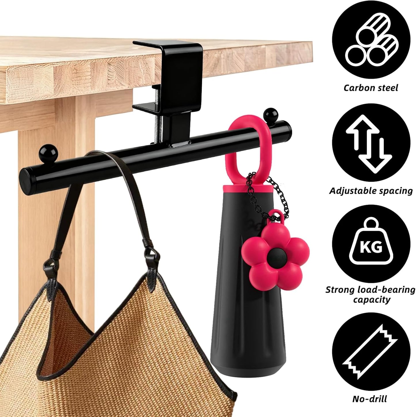 1 Pack Under Desk Bag Hook,Heavy Duty Adjustable Clamp On Hanger for Backpack Purse,Space Saving Organizer for Office Desk,Classroom,Dorm Room(Black)