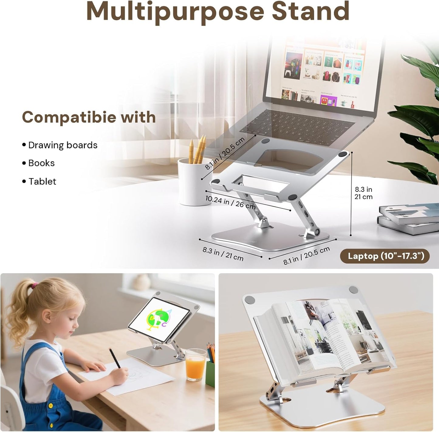 Laptop Stand for Desk, Aluminum Metal MacBook Stand，Computer Riser for Desk, Portable Foldable Adjustable Notebook Holder, Compatible with 10-15.6 Inch Laptops, iPad, Silver.