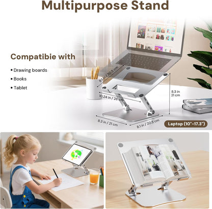 Laptop Stand for Desk, Aluminum Metal MacBook Stand，Computer Riser for Desk, Portable Foldable Adjustable Notebook Holder, Compatible with 10-15.6 Inch Laptops, iPad, Silver.