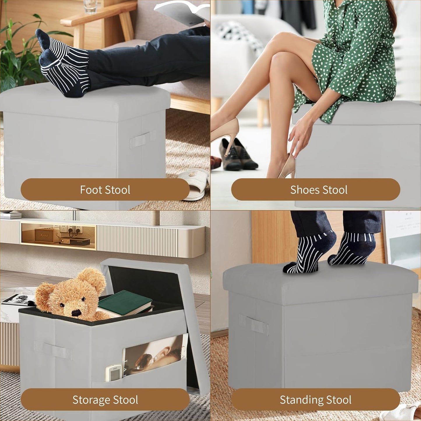 BelugaHelper Storage Ottoman Foot Rest Stool, Foldable Leather Footstool Storage Bench with Thicker Foam Padded Seat. Foot Rest Under Desk for Living Room Bedroom 350 lbs, 17x13x13 in, Brown